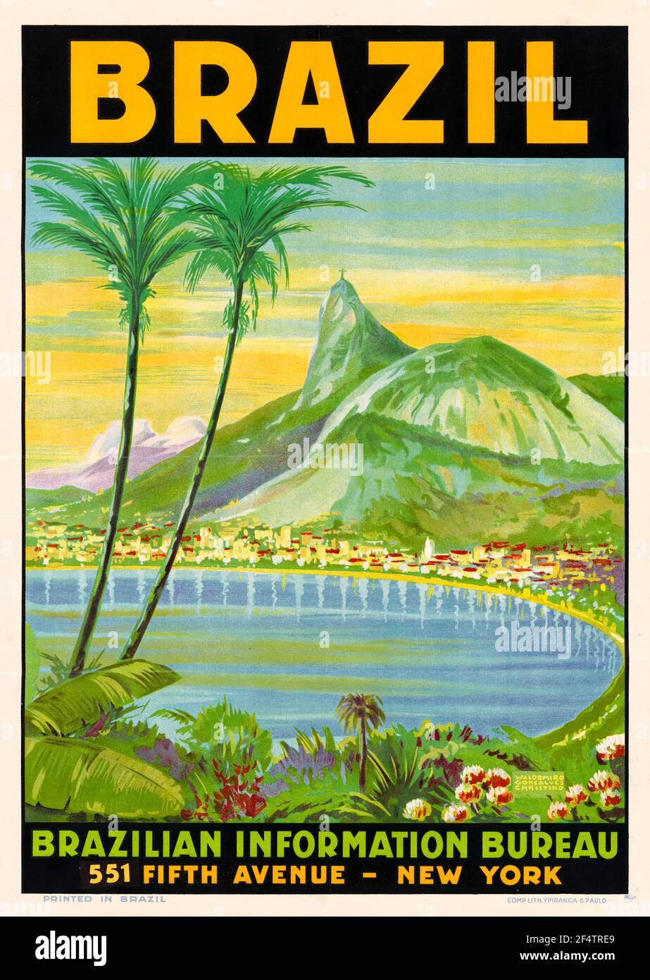 9,8x6,6 decoration item Antique print of Bay of Rio de Janeiro with the Sugarloaf Mountain Brazil from 1914 color lithograph print size ca