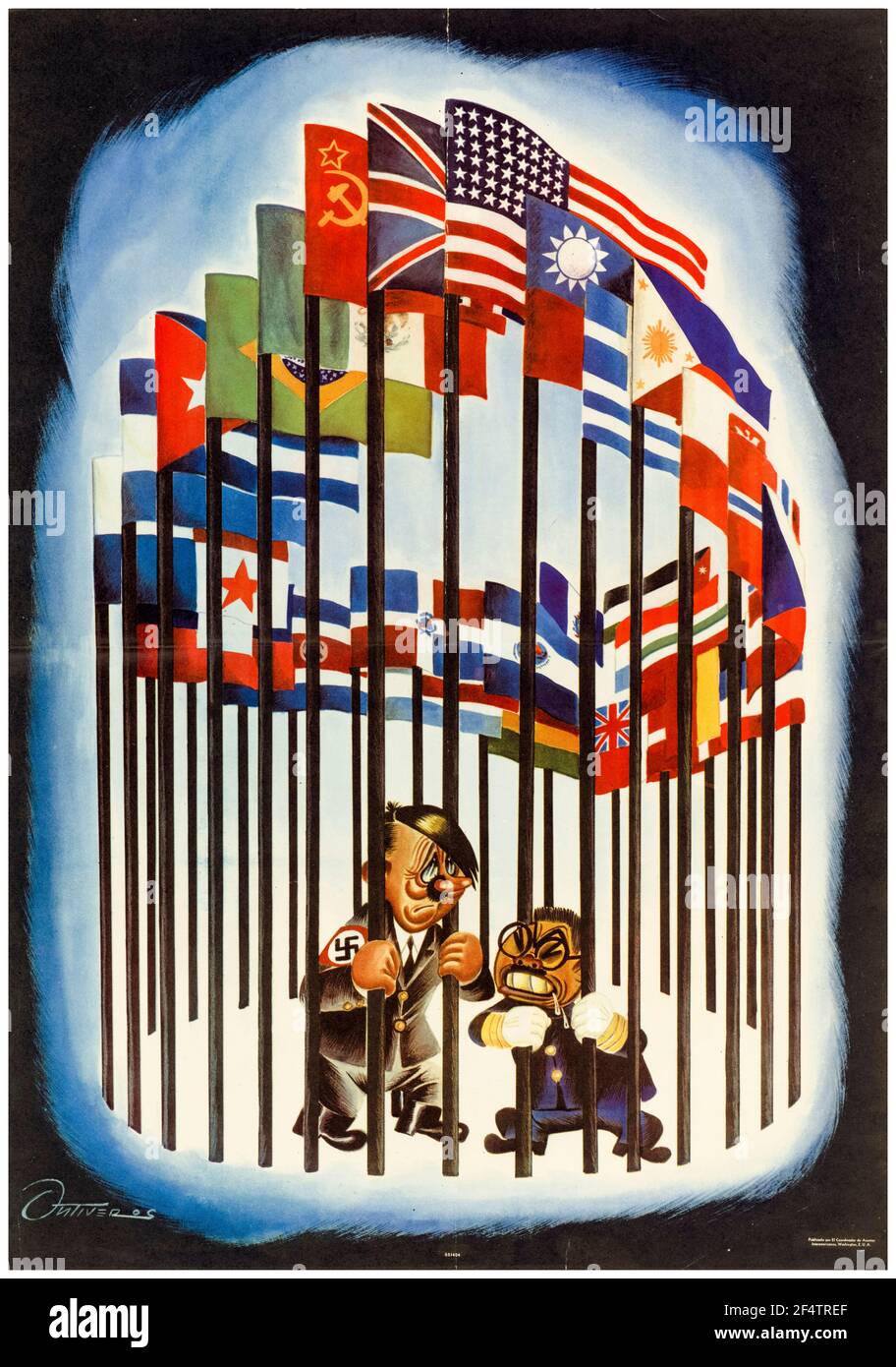 Spanish, WW2 poster: Adolf Hitler and Hideki Tojo caricatures, Germany and Japan behind bars (made from Allied flags), 1942-1945 Stock Photo