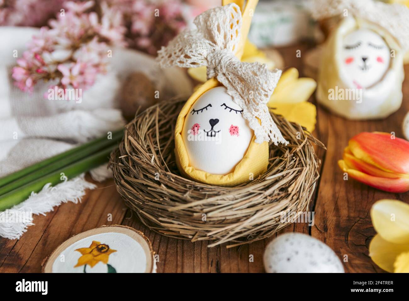 Selective focus shot of Easter eggs and decorations Stock Photo