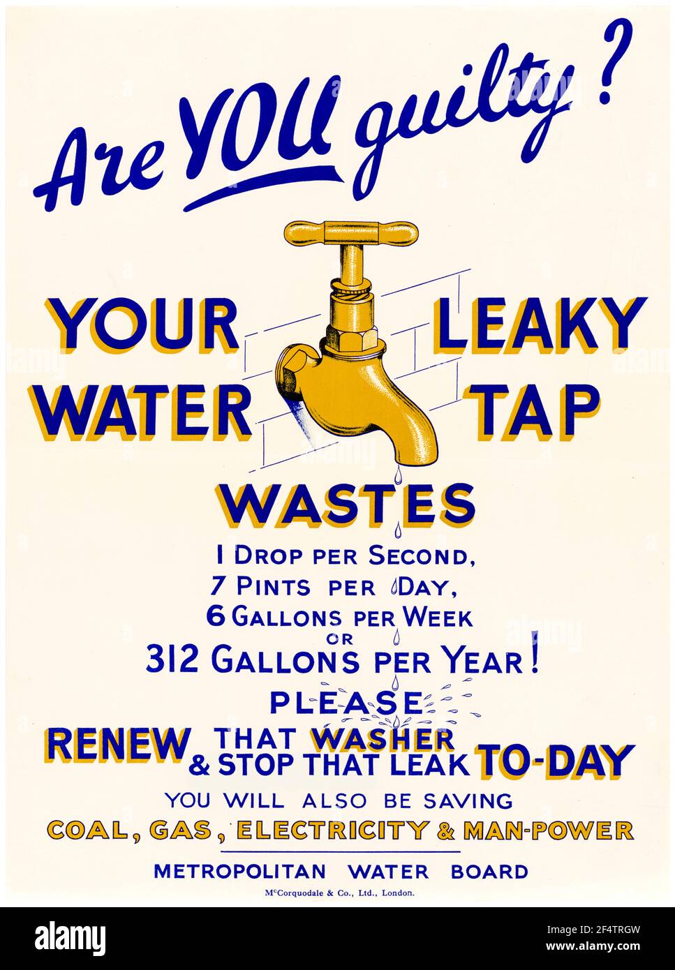 British, WW2 Saving Water poster Are You Guilty? Your Leaky Water