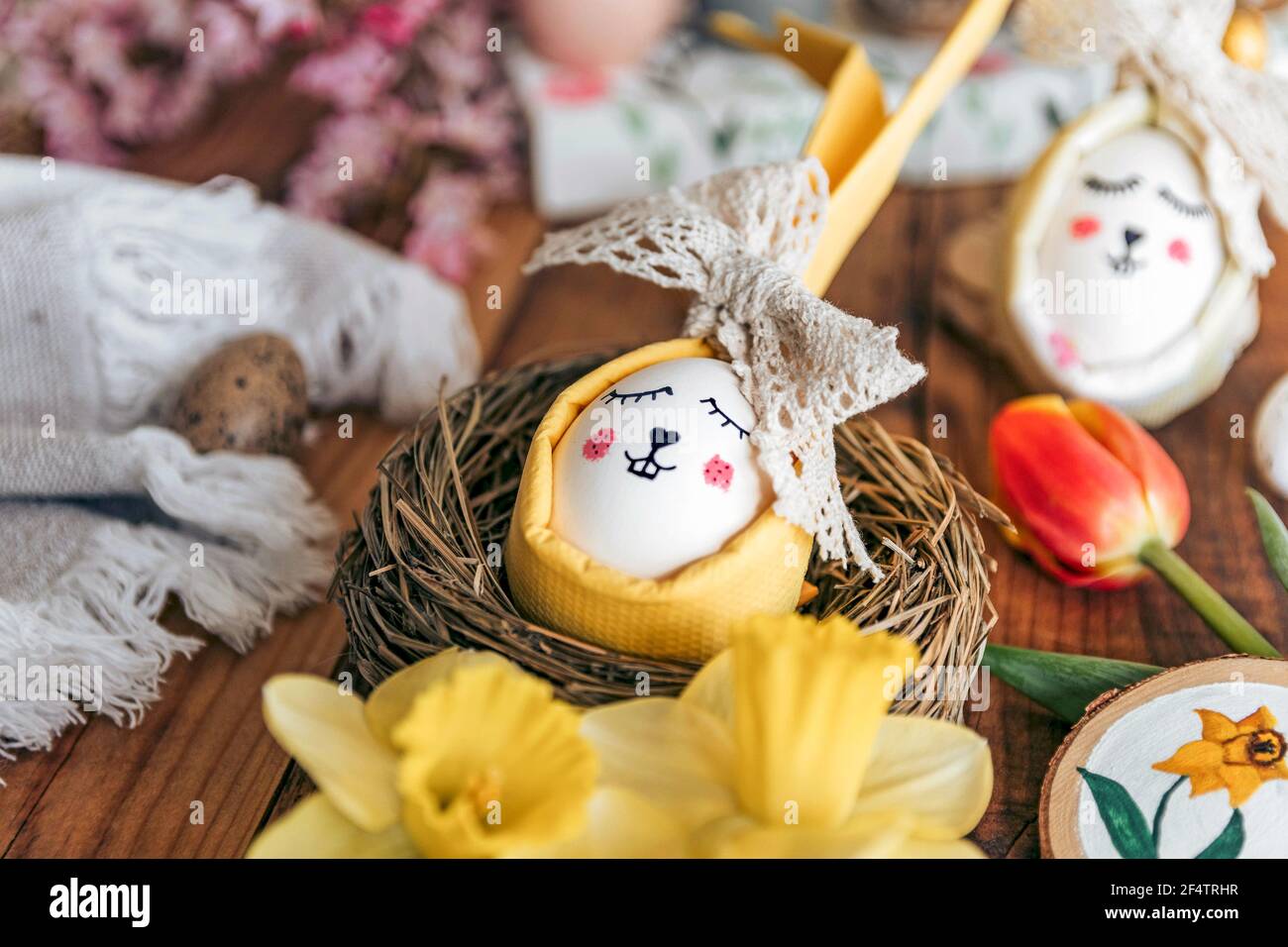 Selective focus shot of Easter eggs and decorations Stock Photo