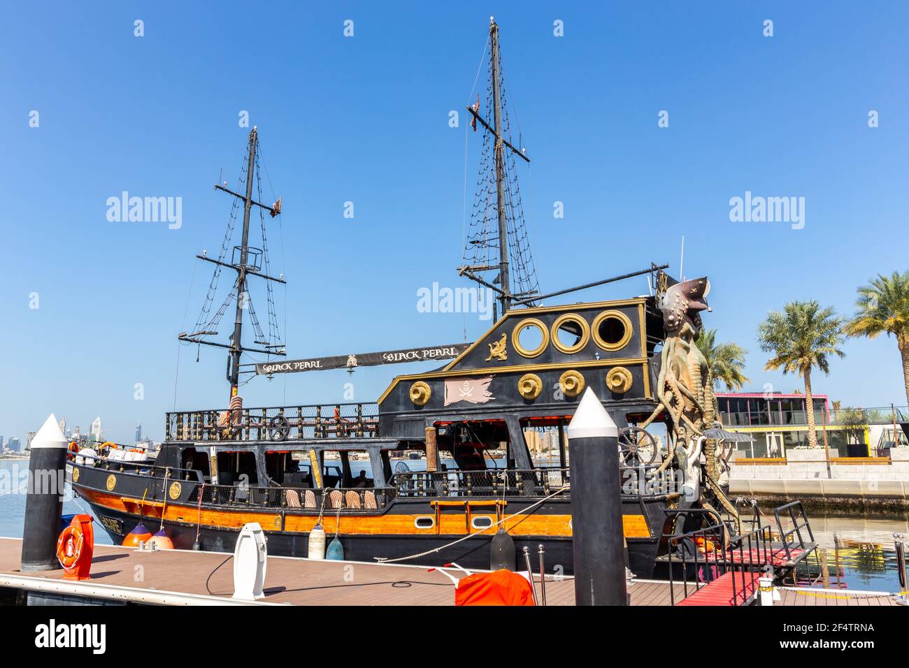 Dubai, UAE, 22.02.2021. Black Pearl Pirate Ship by Tour Dubai, docked at Dubai Creek Harbour, United Arab Emirates. Stock Photo