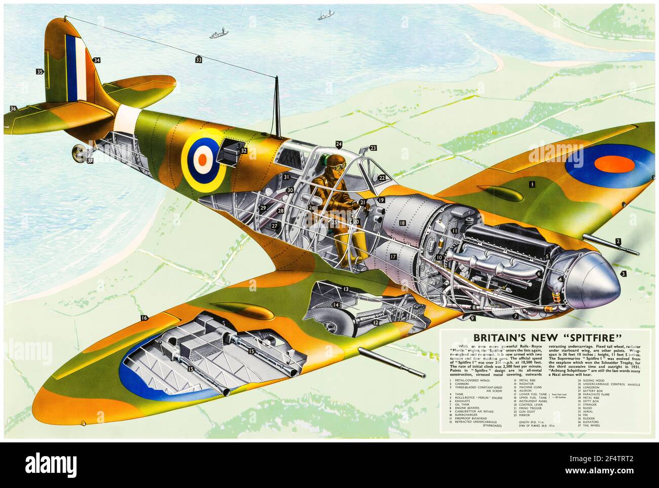 WW2, Britain's new 'Spitfire' ('Supermarine Spitfire Mk1B cross-section), poster, 1942-1945 Stock Photo
