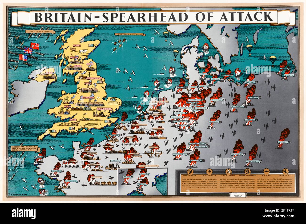 British, WW2, Britain: Spearhead of Attack, Poster Map showing how wartime manufacture helped military action liberate occupied Europe, 1942-1945 Stock Photo