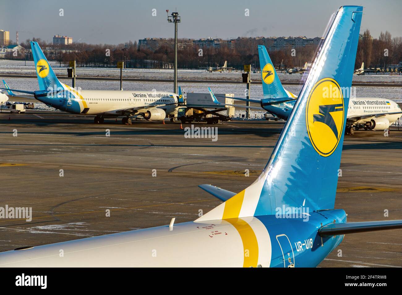KIEV, UKRAINE, NOV 28 2018, Airplane Ukrainian Airlines stands on a runway Stock Photo