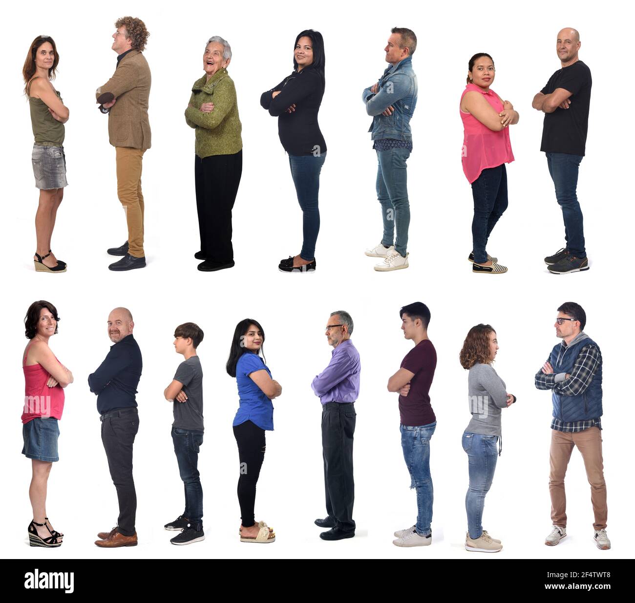 profile view of a group of men with crossed arms on white background