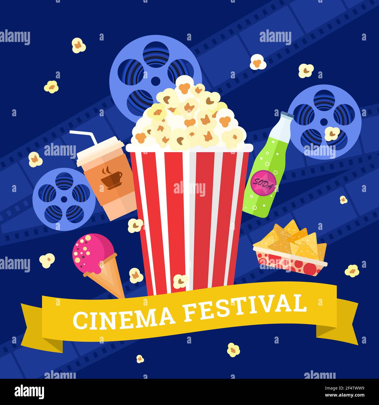 Vector flat movie elements with popcorn, drink, snacks and ice cream