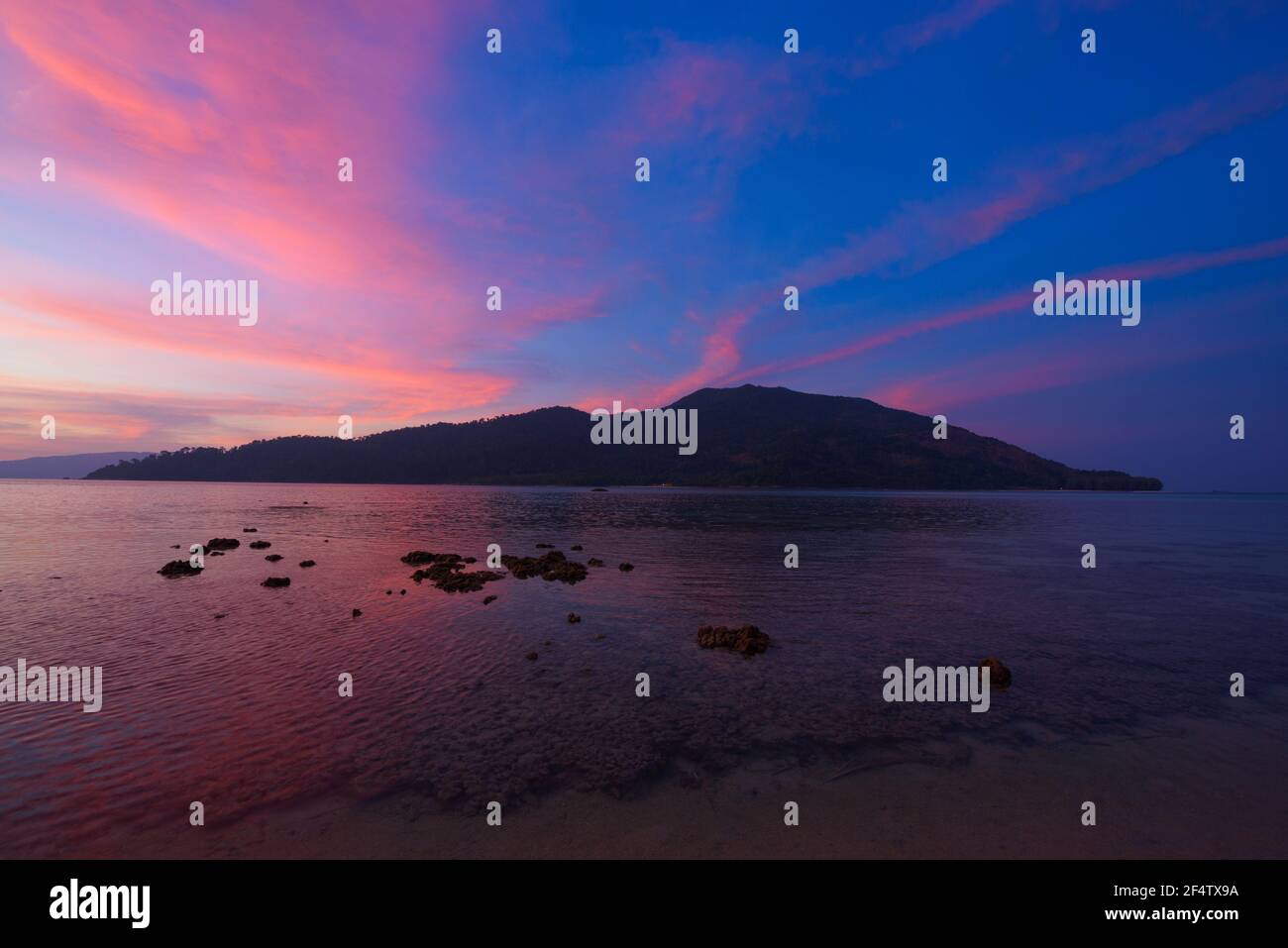 Scene of beautiful twilight sky at Lipe island, Satun province, Thailand. Stock Photo