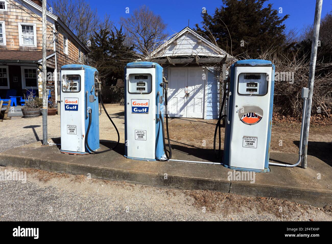 Old gas pumps East Hampton Long Island New York Stock Photo