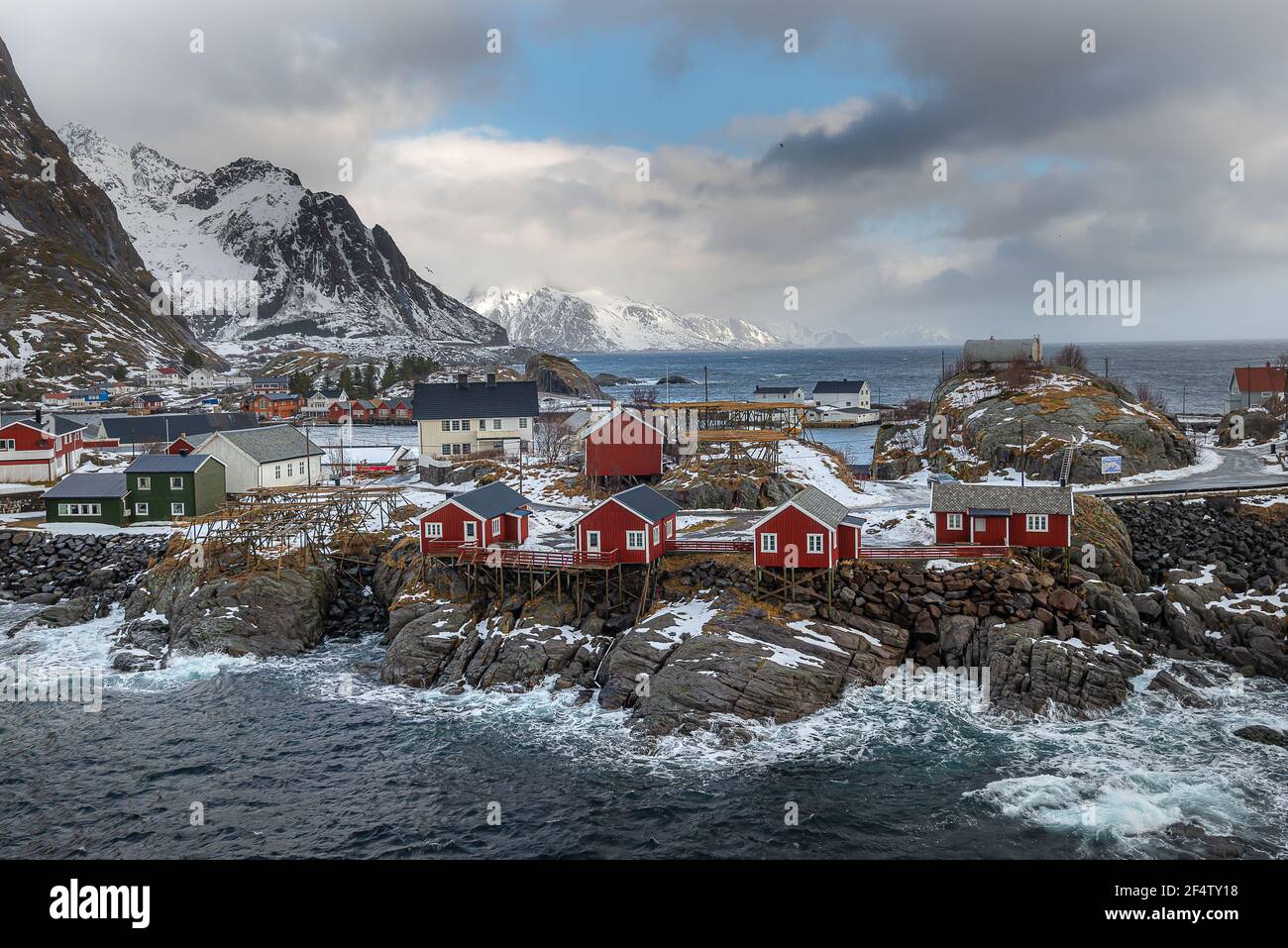 Scenic landscape with Reine village, coast nature with sharp high mountain in the winter Lofoten islands North Norway. Travel destination. Stock Photo