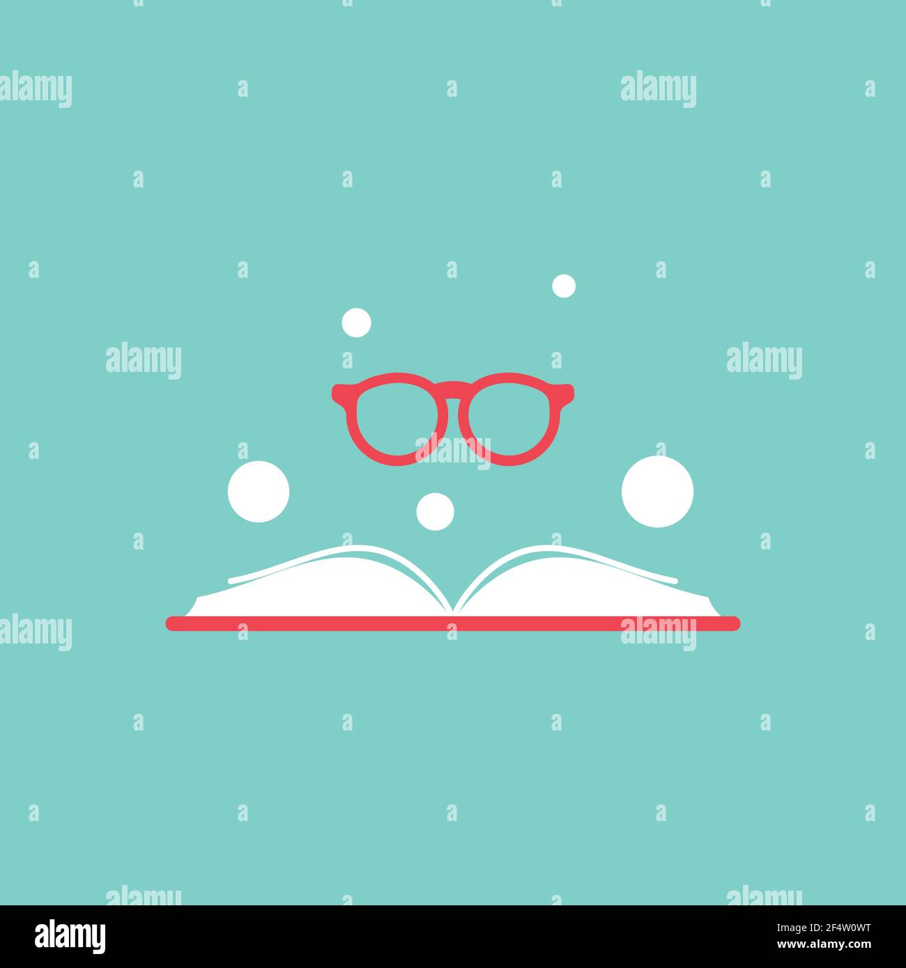 Opened book with red book cover and round red glasses on turquoise ...