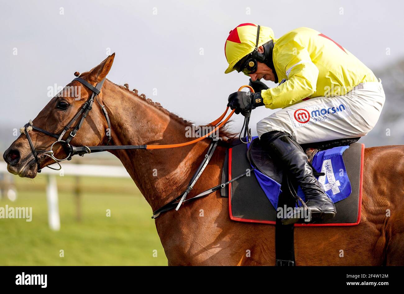 Grandads Cottage ridden by Harry Skelton on their way to winning the Taunton Branch RNLI Supporters Novices' Hurdle at Taunton Racecourse. Picture date: Tuesday March 23, 2021. Stock Photo