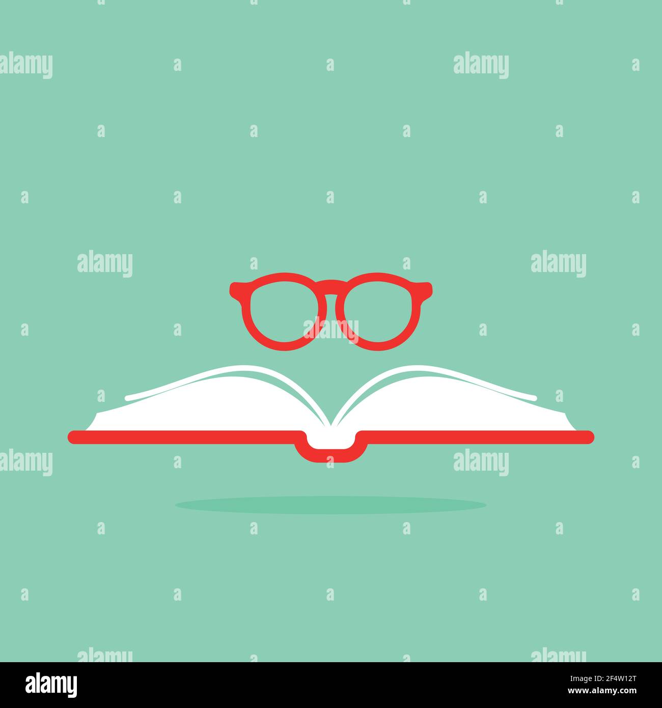 Opened book with red book cover and round red glasses on turquoise ...