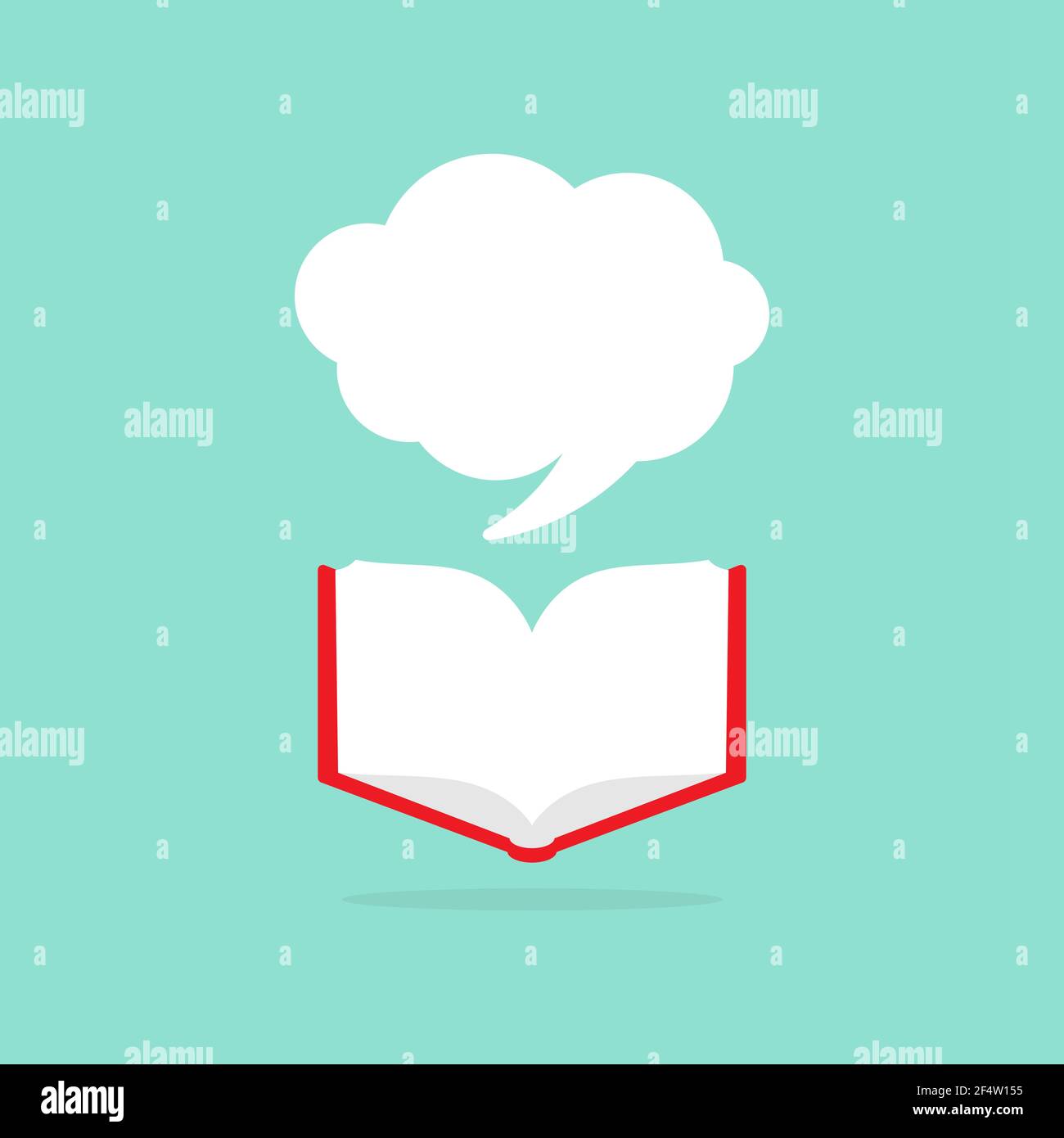 Open book with red book cover and white speech bubble flying out ...