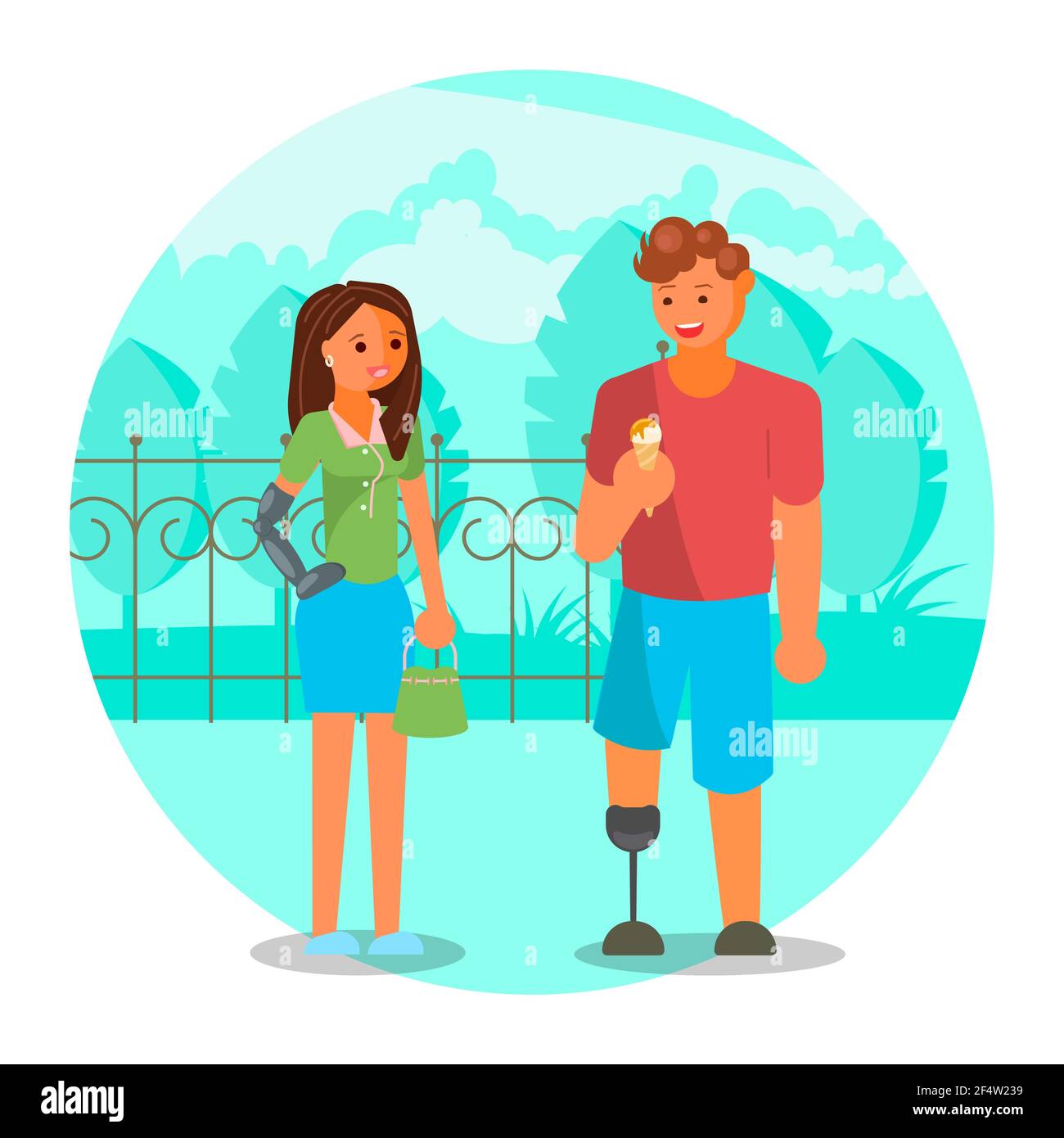 Couple with leg and arm prosthetics, flat vector illustration. Disabled people lifestyle, relationship, romantic date. Stock Vector