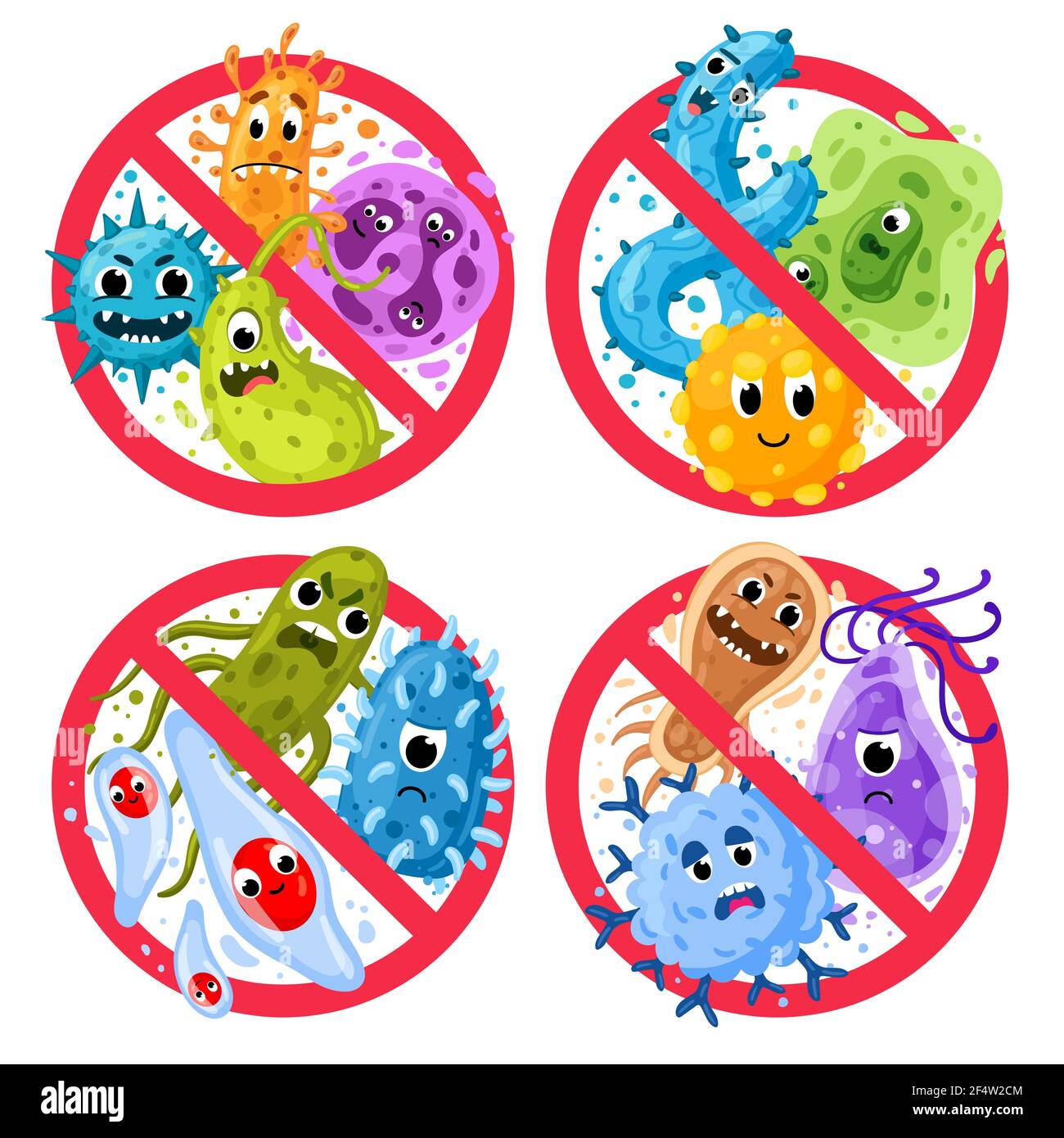 Bacterial protection. Germs in ged round prohibition signs, disinfection and epidemic prevention icons. Stop infection vector illustration set Stock Vector