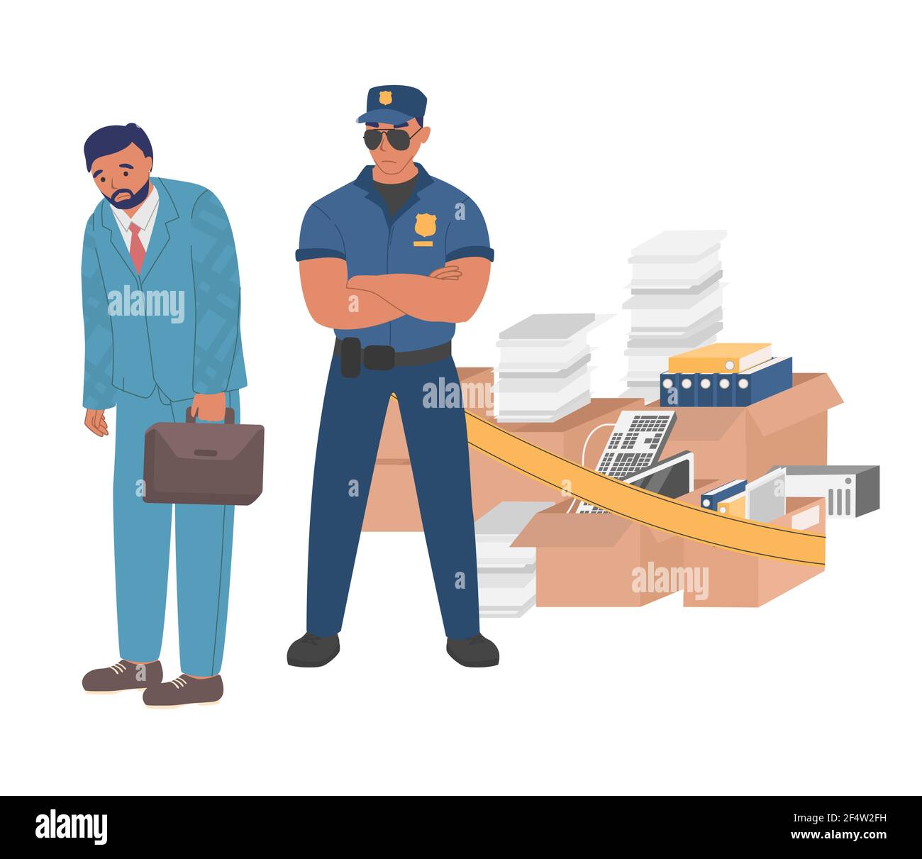 Sad man, dismissed employee leaving office, flat vector illustration. Process of ouster is supervised by security guard. Stock Vector