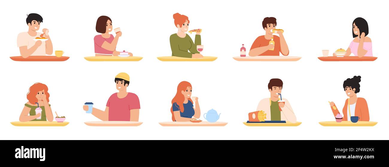 Eating characters. Men and women eating delicious food, characters having lunch. People eating delicious meal vector illustration set Stock Vector
