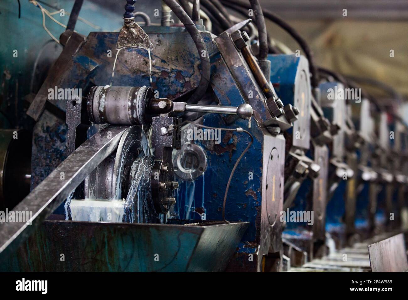 Aluminium wire rod production machine. Aluminium rod left Stock Photo