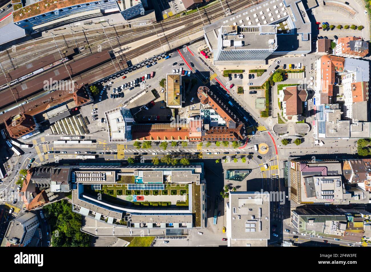 Top down view of the Fribourg city center by the rail station in Switzerland Stock Photo