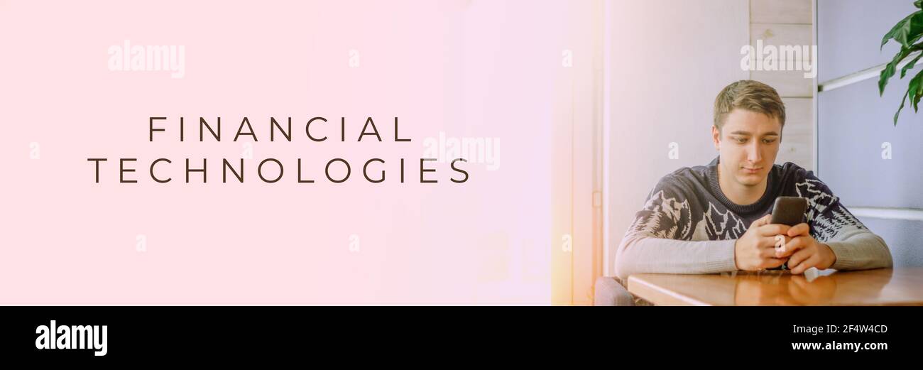 Man using financial banking mobile application banner Stock Photo