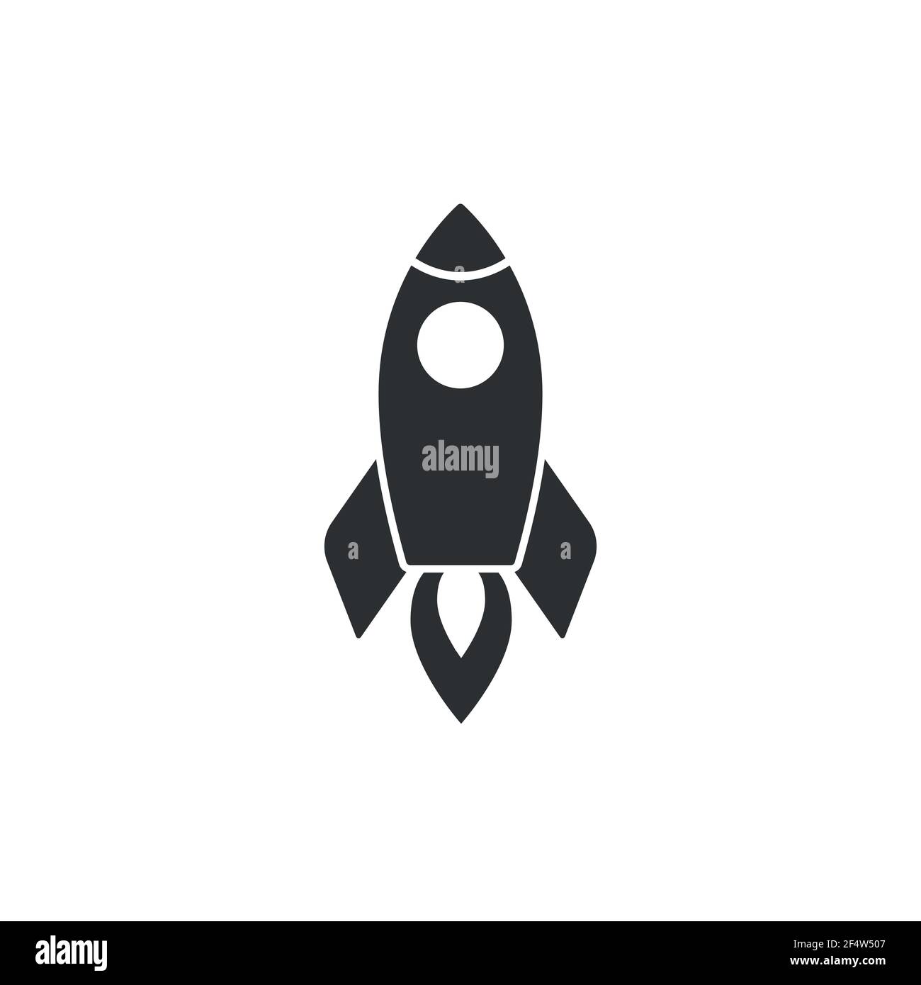 Rocket ship with fire. Isolated on white. Flat icon. Vector illustration with flying rocket. Space travel. Project start up sign. Creative idea symbol Stock Vector