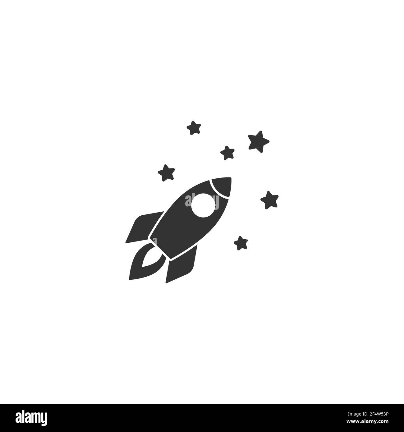 Outline rocket ship with stars. Isolated on white. Flat icon. Vector illustration with flying rocket. Goal achieve. Project start up sign. Creative id Stock Vector