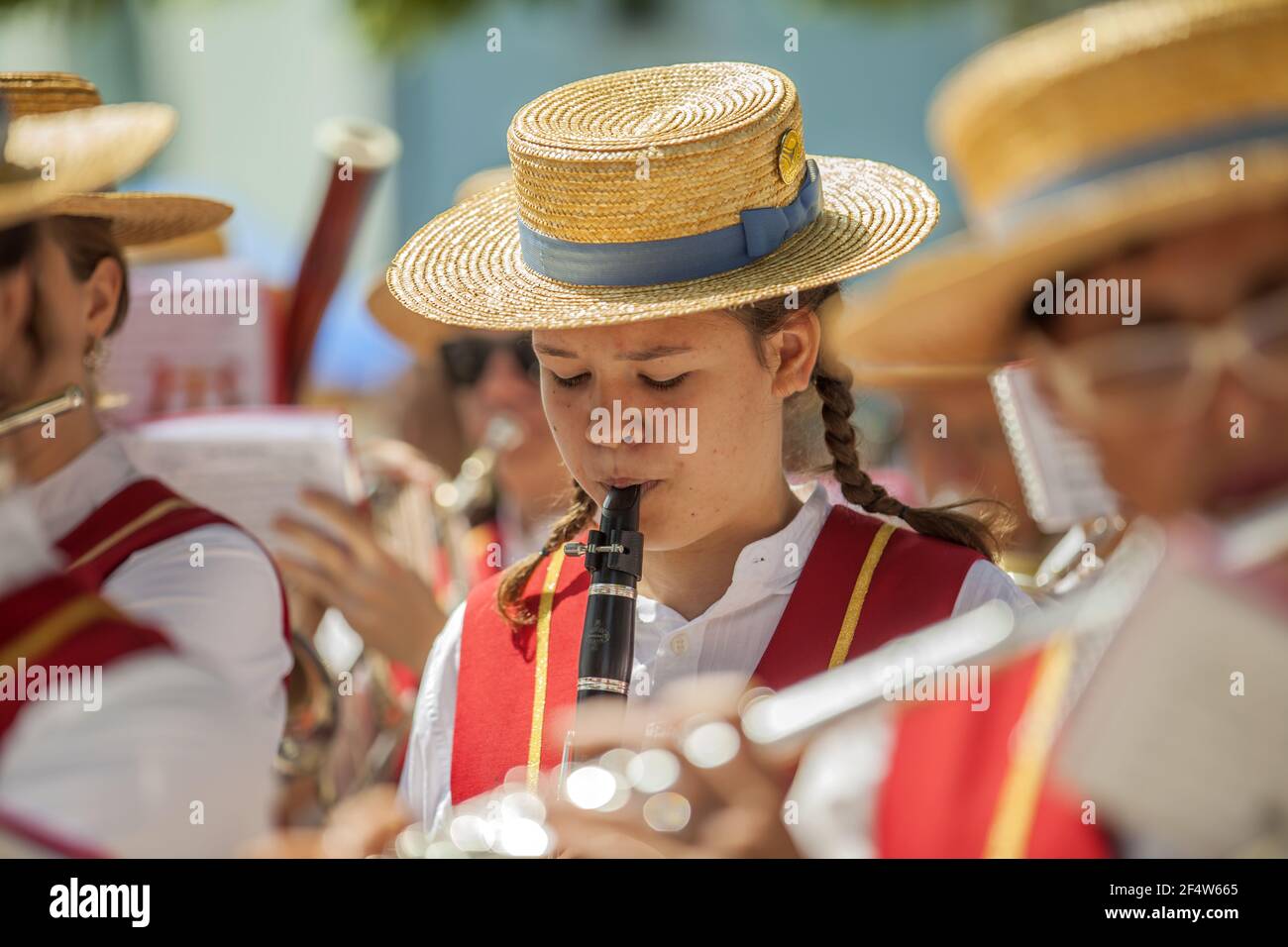 DOMZALE, SLOVENIA - Jun 21, 2019: Small wind orchestra playing on special event and entertain groups of visitors Stock Photo