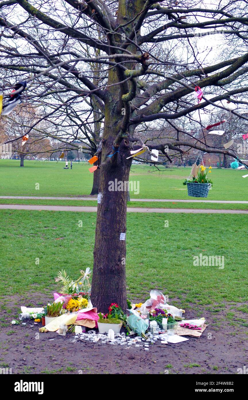 London, UK. 23rd Mar, 2021. Tributes to murdered Sarah Everard continue to grow at the bandstand in Clapham Common. Credit: JOHNNY ARMSTEAD/Alamy Live News Stock Photo