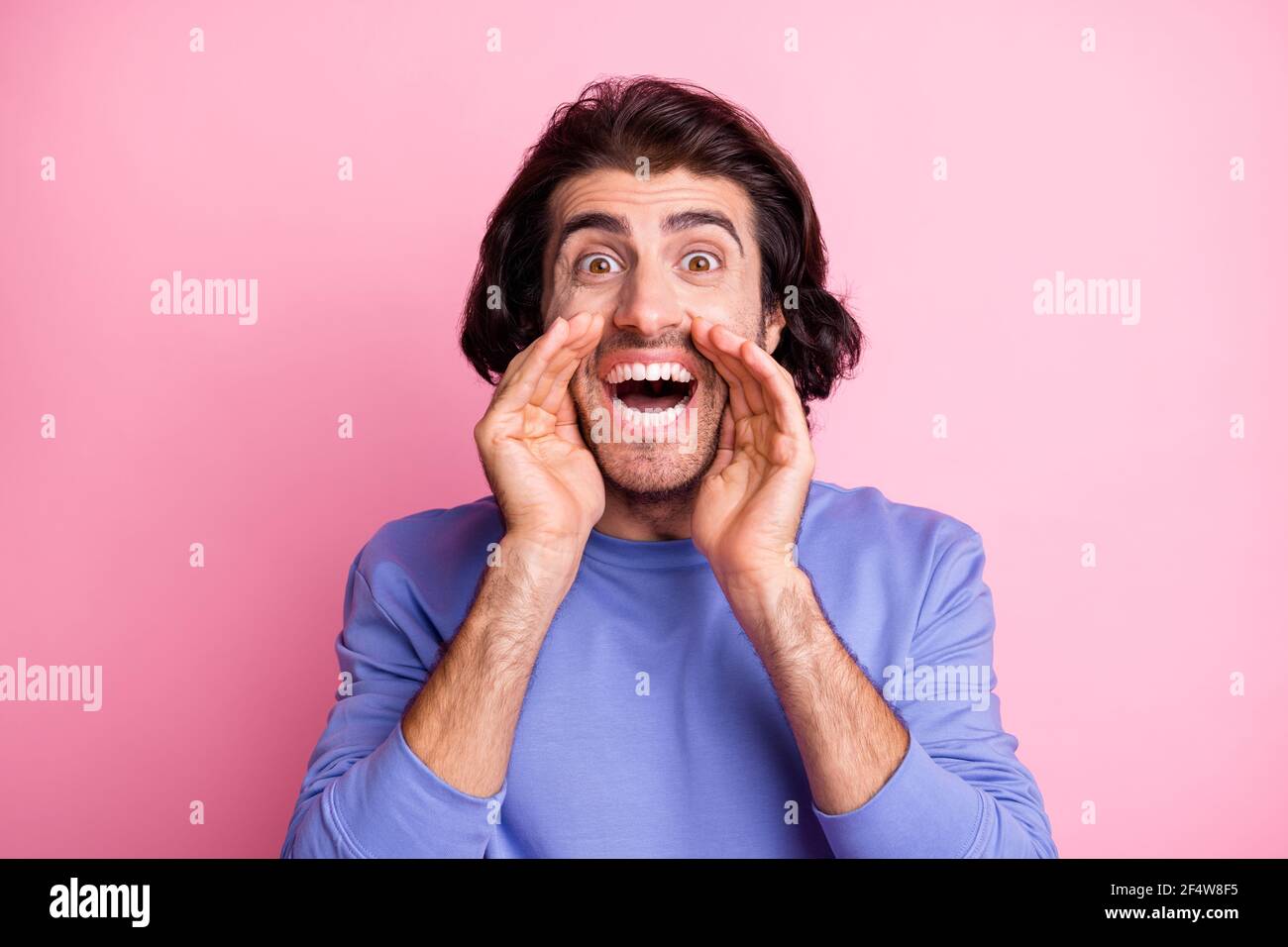Photo of funky loud young man scream sale information wear purple ...