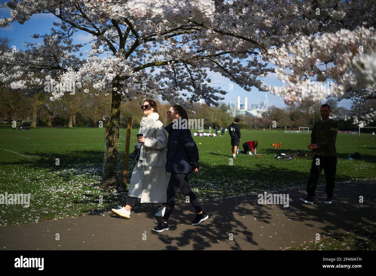 People walk under Cherry Blossom trees in Battersea Park in London, Britain March 23, 2021