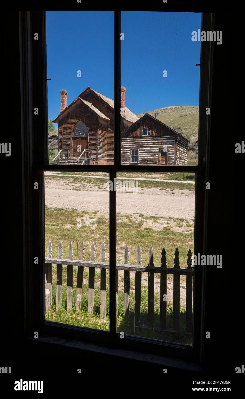 North America; United States; Montana;  Historic Sites; Montana State Park; Bannack  State Park; Ghost Town; Window detail Stock Photo