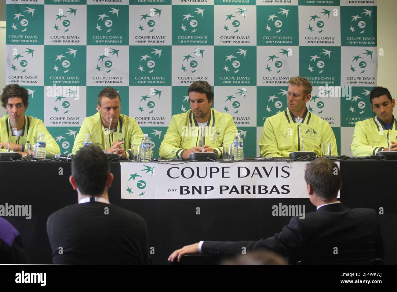Team Australia ( l to r, Thanansi Kokkinakis , Lleyton Hewitt , Team Captain Patrick Rafter , Chris Guccione , Nick Kyrgios , during the Tennis Davis Cup 2014 world group 1st round press conference, on January 30, 2014 at Nantes, in France. Photo Jean-Marc Mouchet / DPPI Stock Photo