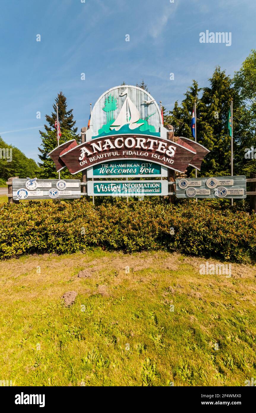 Anacortes Sign on WA Rte. 20 in Anacortes, Washington Stock