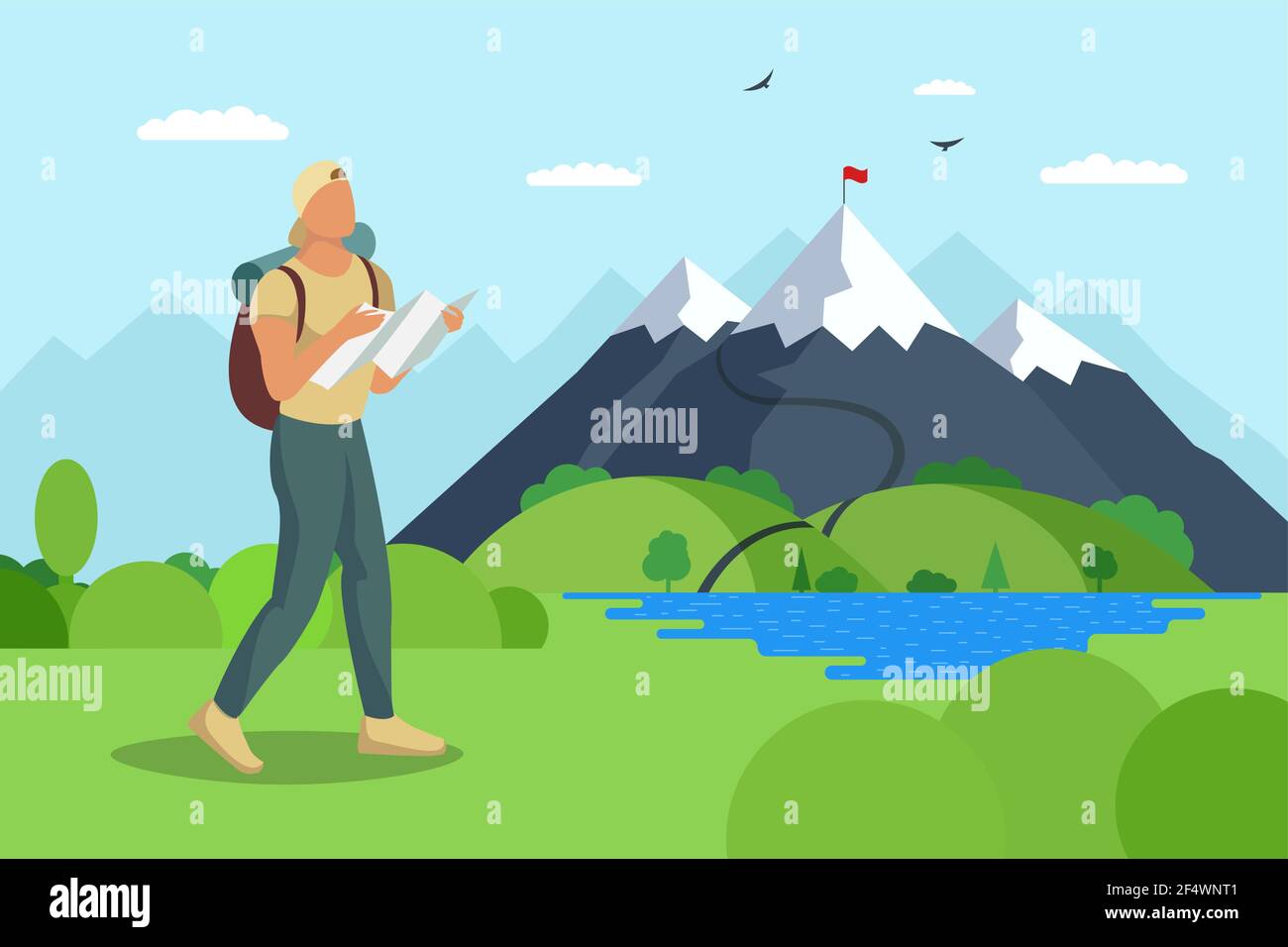 Man traveler with backpack and map walks to mountain along lake valley. Tourist top goal achievement route. Male hiker success outdoor recreation and climbing peak. Nature exploration adventure vector Stock Vector