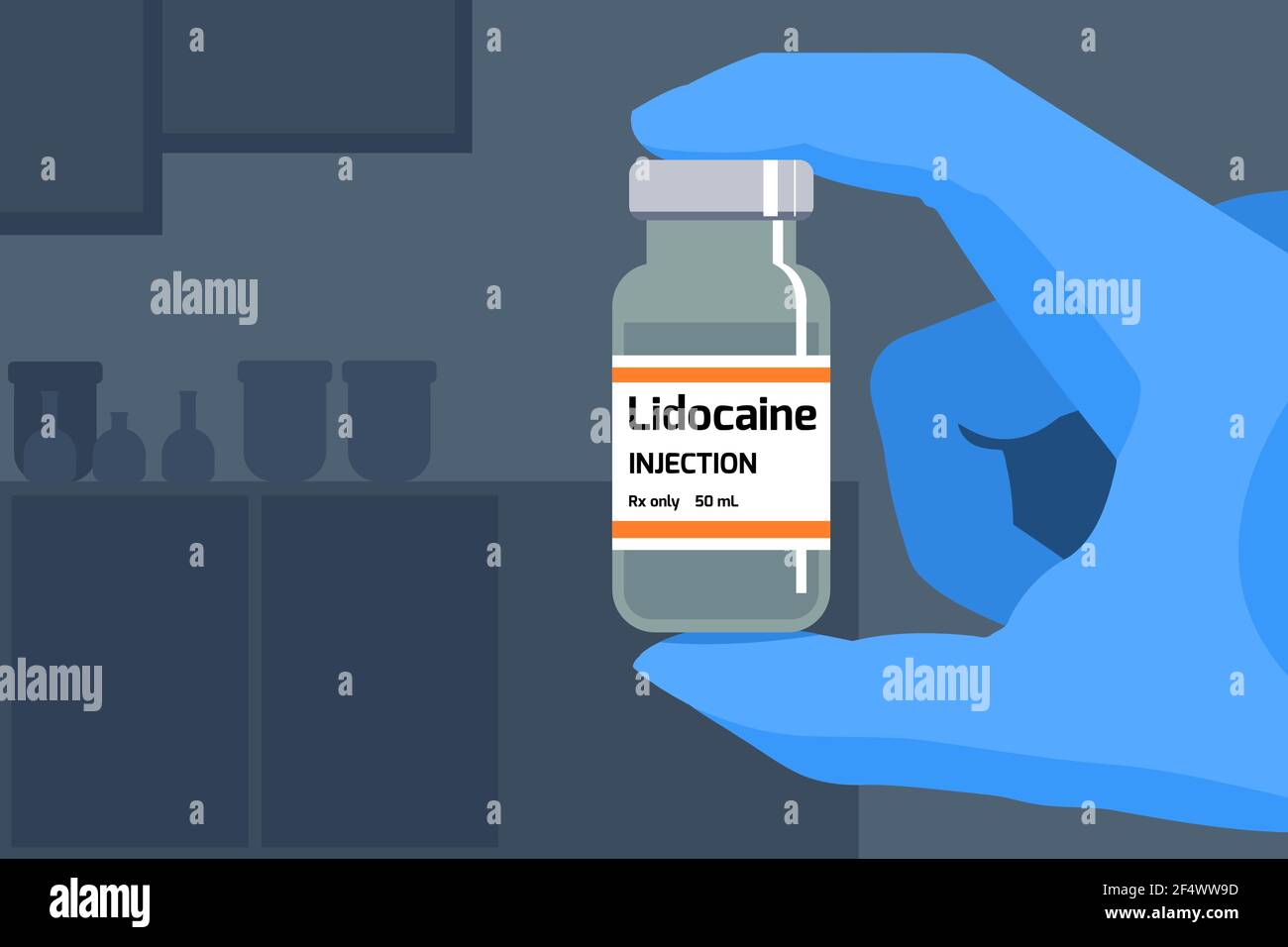 Lidocaine anesthetic drug. Medical science. Bottle of drug