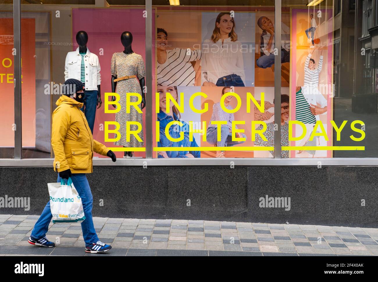 Glasgow, Scotland, UK. 23 March 2021. On the first anniversary of the coronavirus pandemic lockdown the streets in Glasgow city centre are still quiet with only essential shops open. Pic; Positive message  in shop window of M&S. Iain Masterton/Alamy Live News Stock Photo