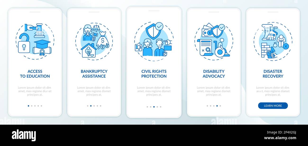 Legal services types onboarding mobile app page screen with concepts ...