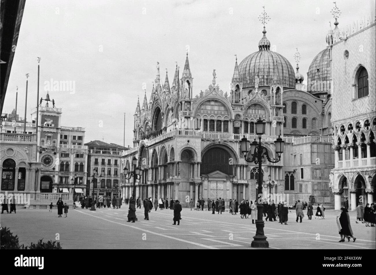 Travel Photos Italy. Venice, Markusplatz. View from the Piazetta on the clock tower (Torre dell'Orologio) (1496-1499; 1755 increase; G. Massari) and MarkusDom Stock Photo