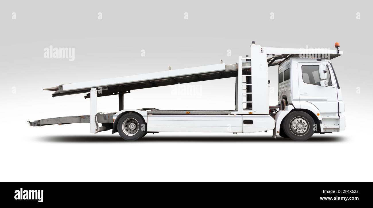 Empty car carrier truck side view isolated on white Stock Photo