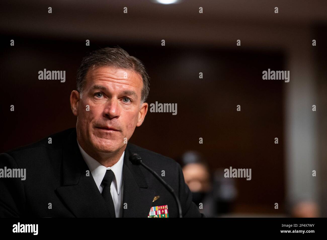 Admiral John C. Aquilino, USN, appears at a Senate Committee on Armed Services hearing regarding his nomination for reappointment to the grade of admiral and to be Commander, United States Indo-Pacific Command, Department of Defense, in the Dirksen Senate Office Building in Washington, DC, Tuesday, March 23, 2021. Credit: Rod Lamkey/CNP /MediaPunch Stock Photo