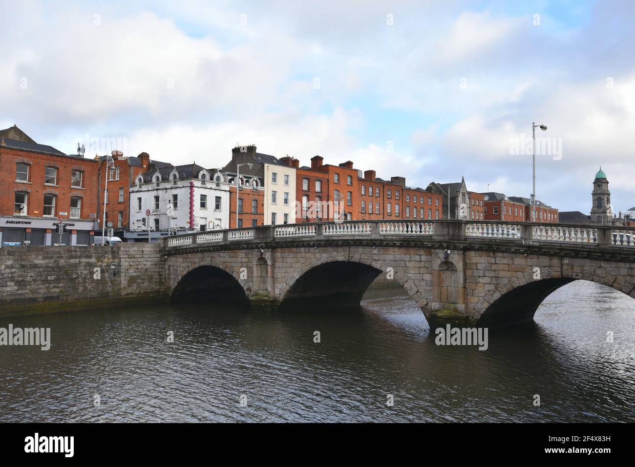 Landscape with scenic view of Mellows Bridge on Liffey River and brick