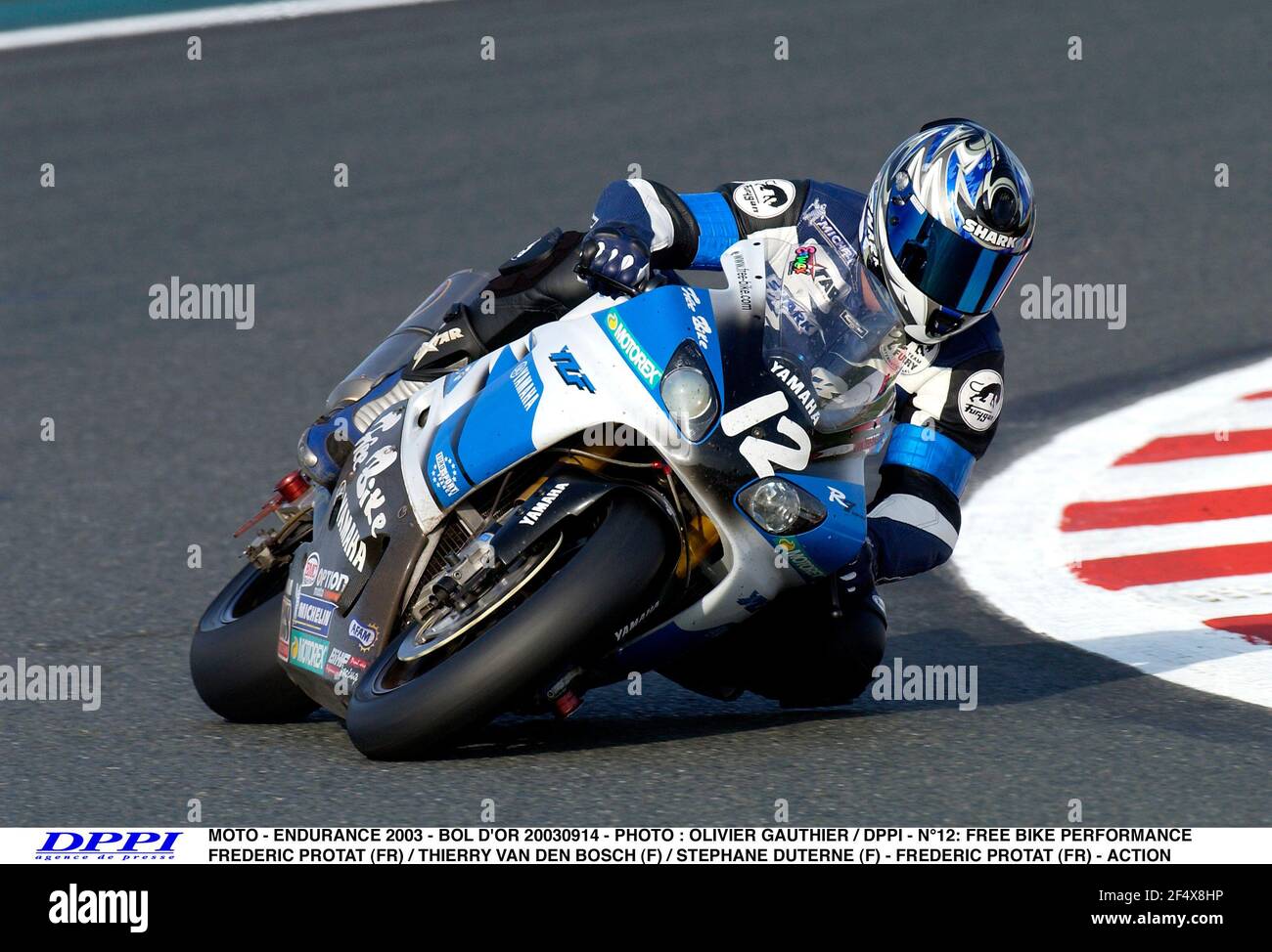 MOTO - ENDURANCE 2003 - BOL D'OR 20030914 - PHOTO : OLIVIER GAUTHIER / DPPI  N°12: FREE BIKE PERFORMANCE / FREDERIC PROTAT (FR) / THIERRY VAN DEN BOSCH  (F) / STEPHANE DUTERNE (F) - FREDERIC PROTAT (FR) - ACTION Stock Photo -  Alamy