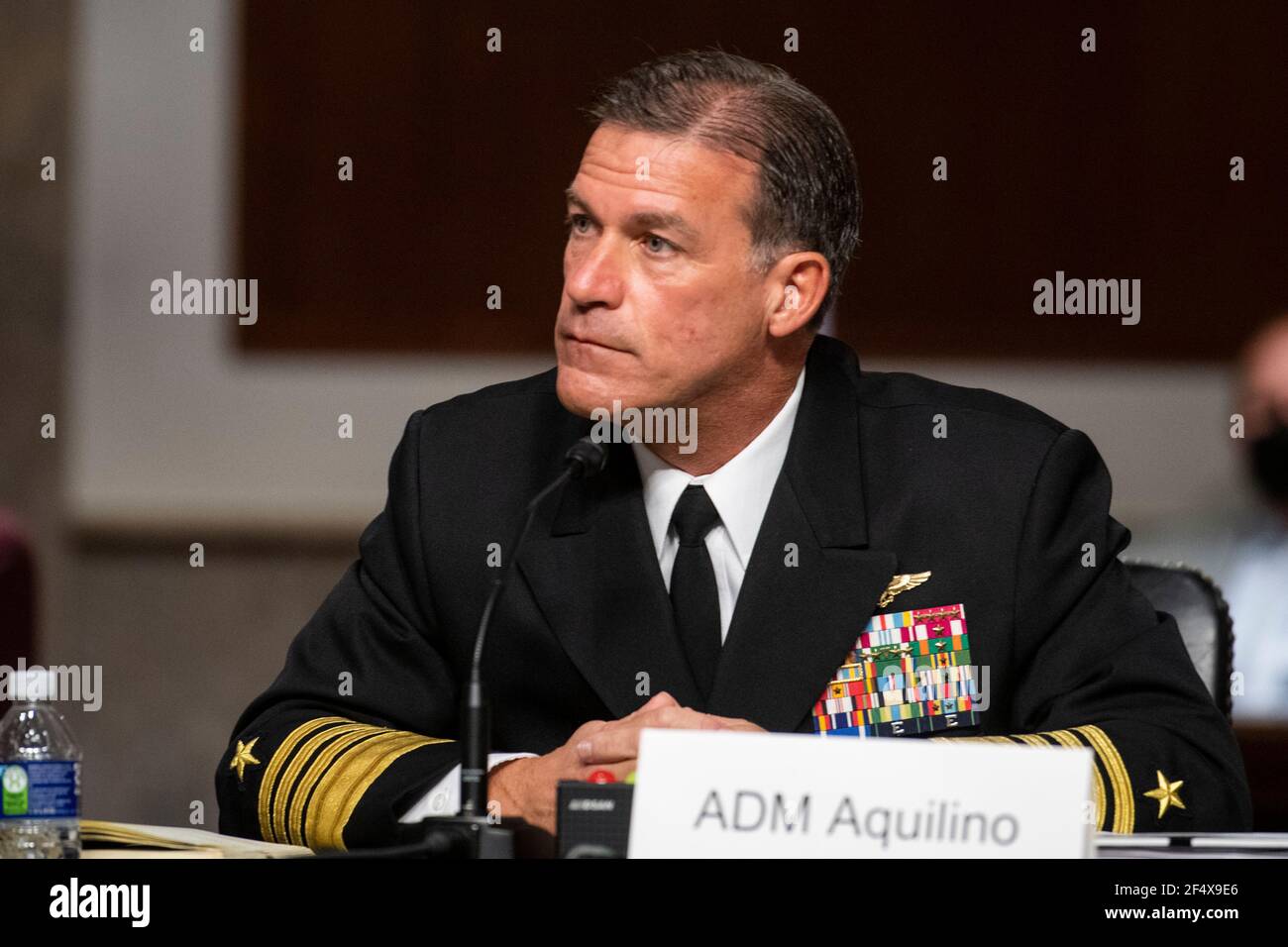 Washington, United States Of America. 23rd Mar, 2021. Admiral John C. Aquilino, USN, appears at a Senate Committee on Armed Services hearing regarding his nomination for reappointment to the grade of admiral and to be Commander, United States Indo-Pacific Command, Department of Defense, in the Dirksen Senate Office Building in Washington, DC, Tuesday, March 23, 2021. Credit: Rod Lamkey/CNP/Sipa USA Credit: Sipa USA/Alamy Live News Stock Photo