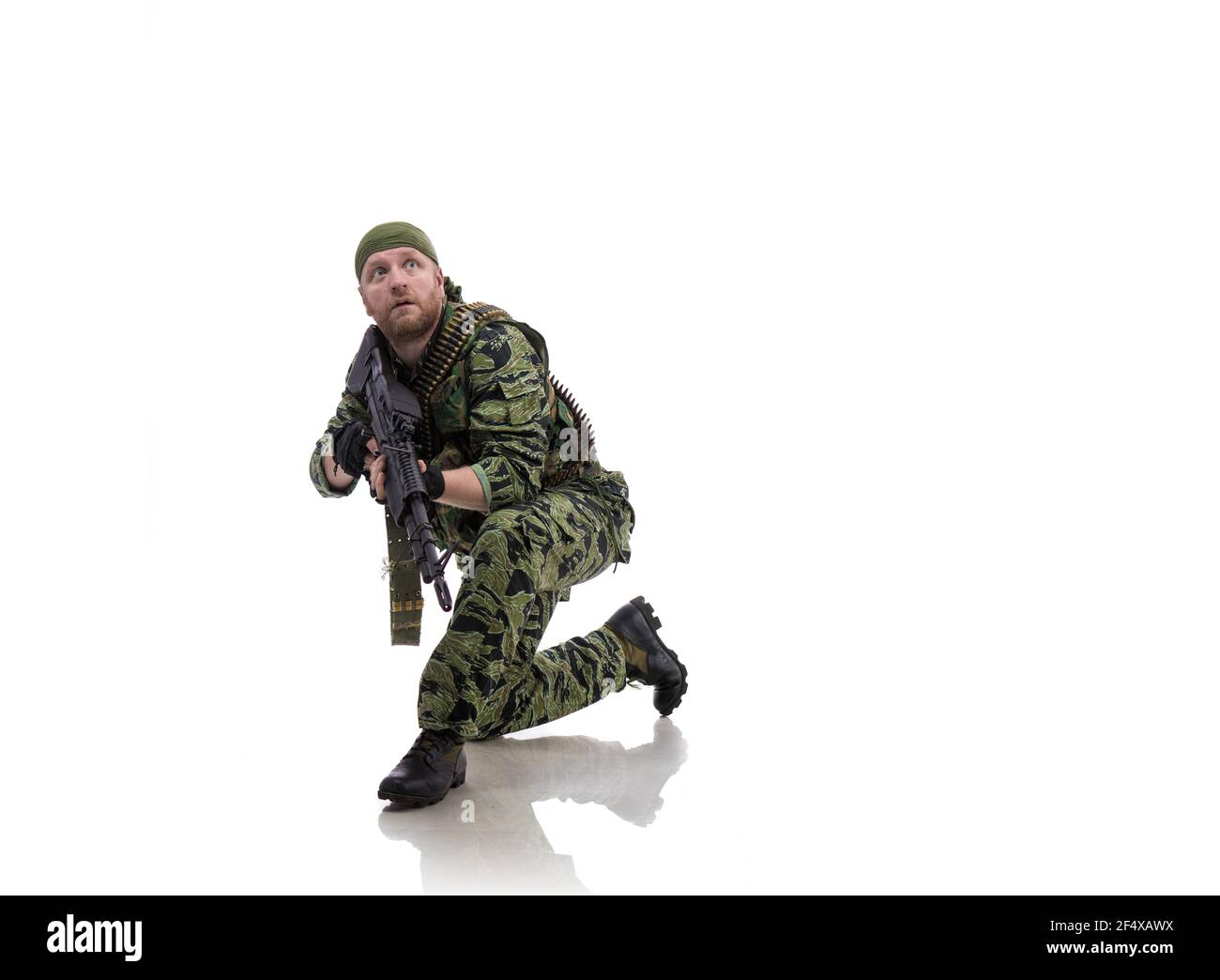 Man actor in the form of an American fur seal posing with a machine gun in his hands on a white background. Special Forces in Vietnam, 1970's. Stock Photo