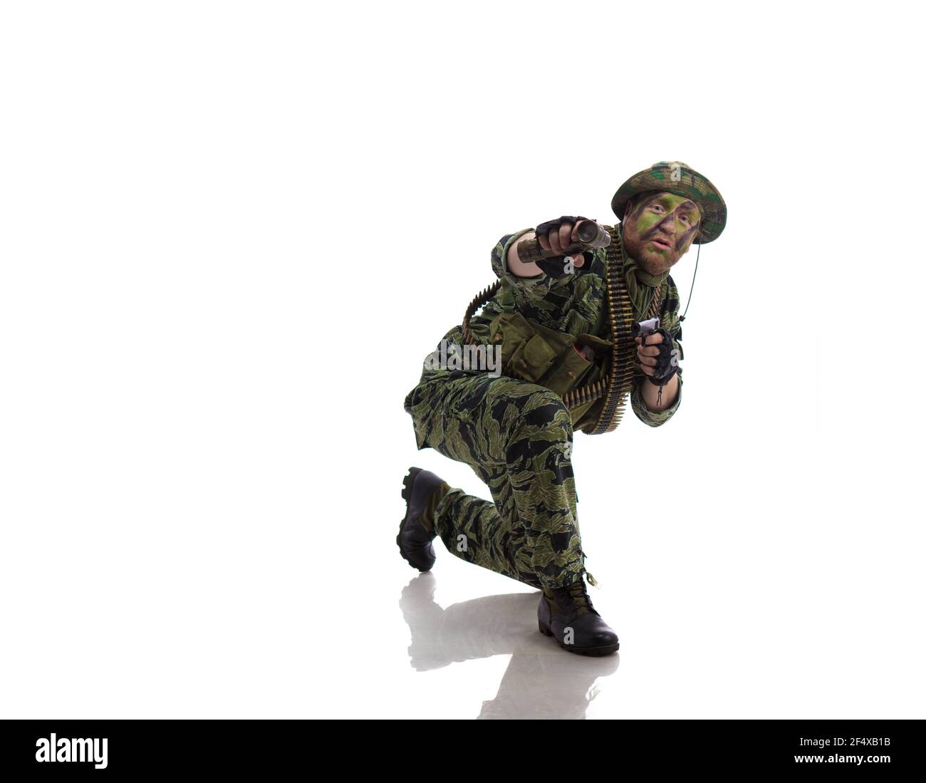 Man actor in the form of an American fur seal posing on a white background. Special Forces in Vietnam, 1970's. Stock Photo