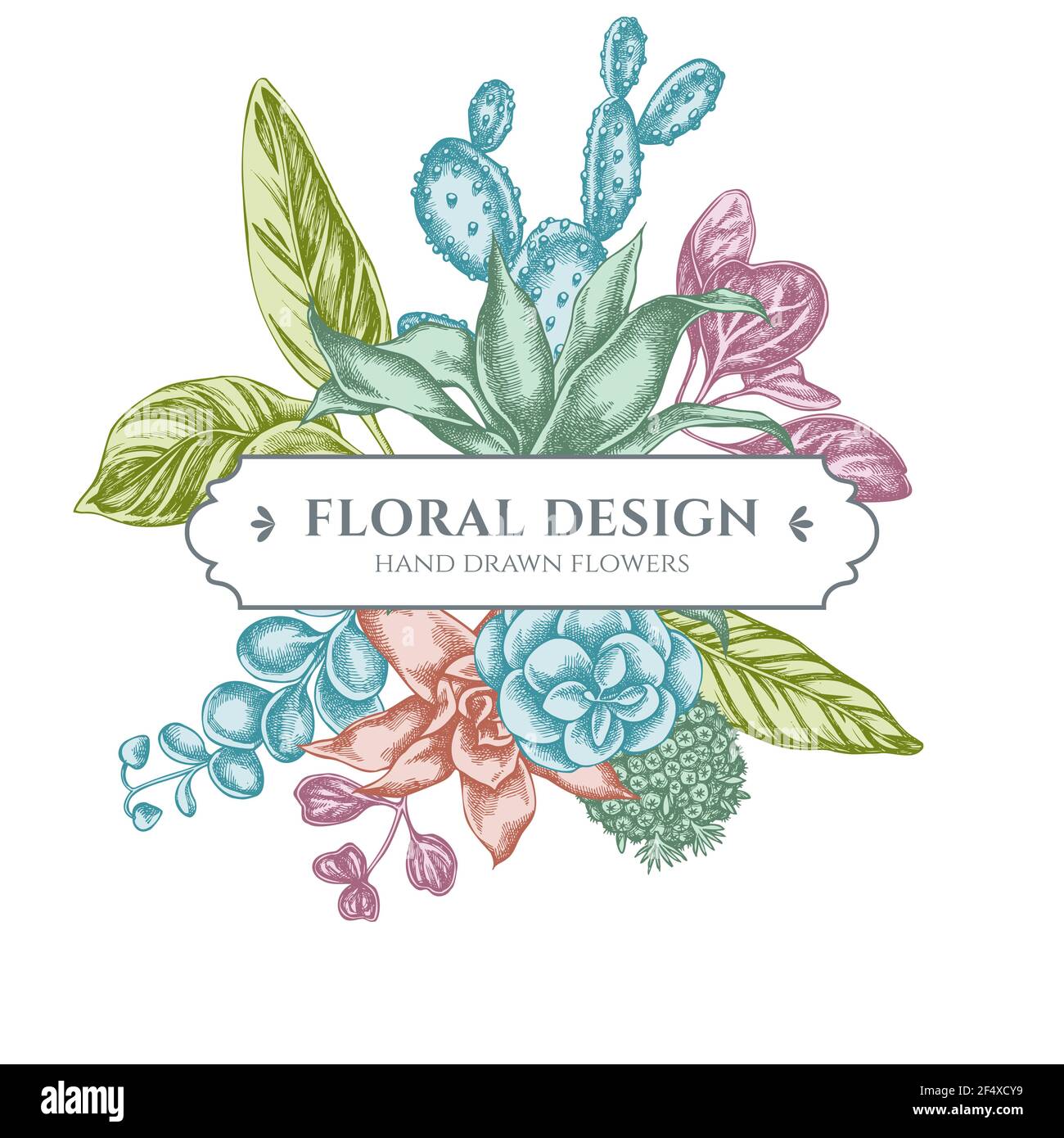 Floral bouquet design with pastel ficus, iresine, kalanchoe, calathea, guzmania, cactus Stock Vector
