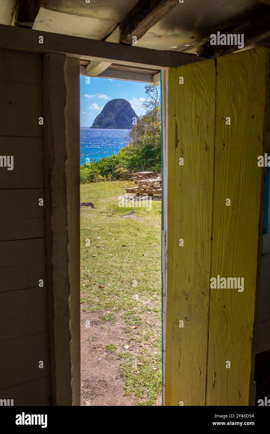View to Diamond rock from the House of the convict (Maison du Bagnard), Le Diamant, Martinique, French Antilles Stock Photo