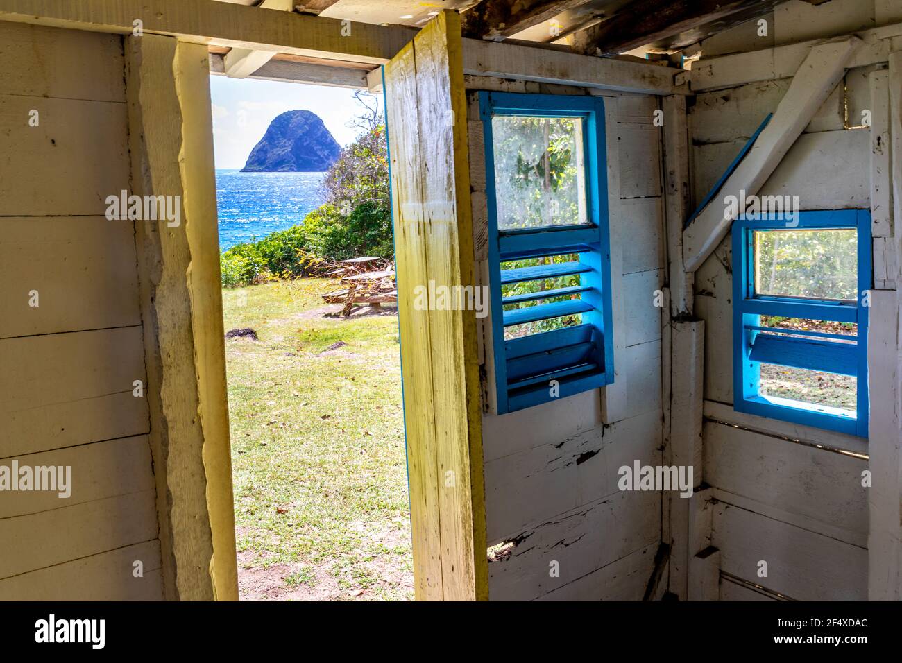 View to Diamond rock from the House of the convict (Maison du Bagnard), Le Diamant, Martinique, French Antilles Stock Photo