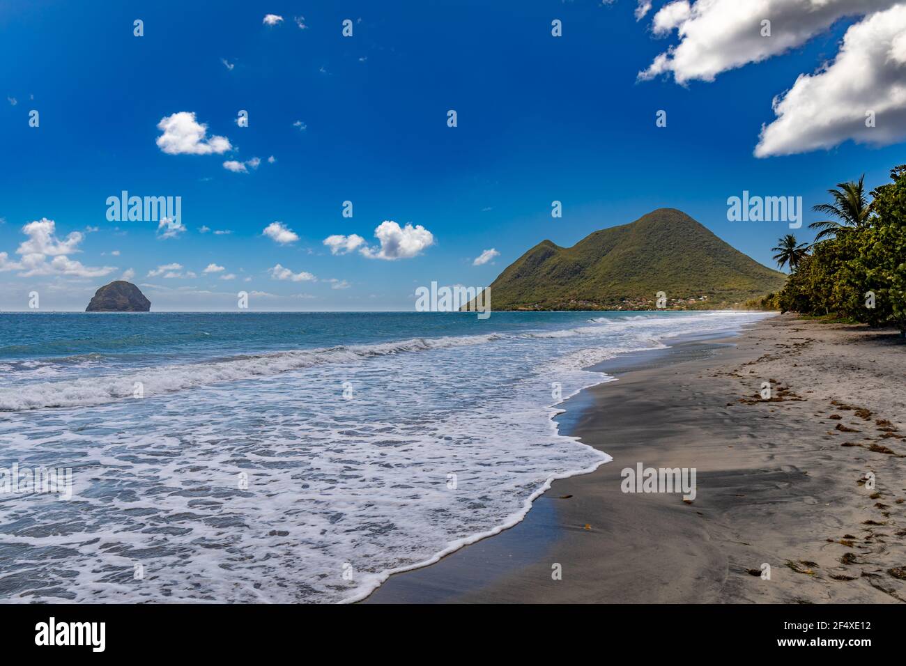 The beach and the Diamond Rock, Le Diamant, Martinique, French Antilles Stock Photo
